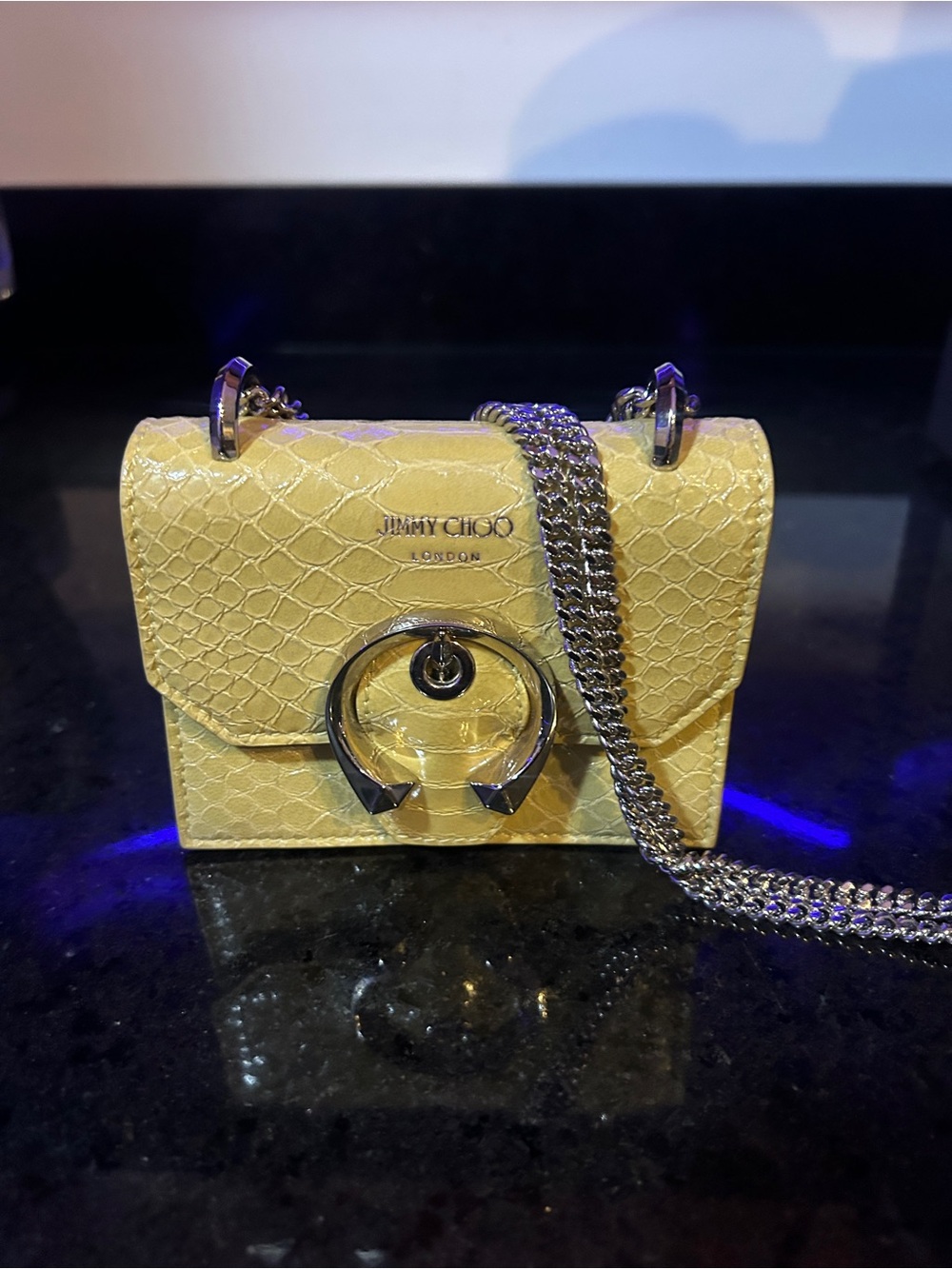 Jimmy Choo Yellow Mini Leather Crossbody with Silver Chain and Ring Clasp